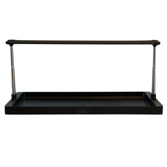 Black rectangular seedling tray with a raised metal-legged frame and horizontal light bar mount above it, shown empty against a plain white background.