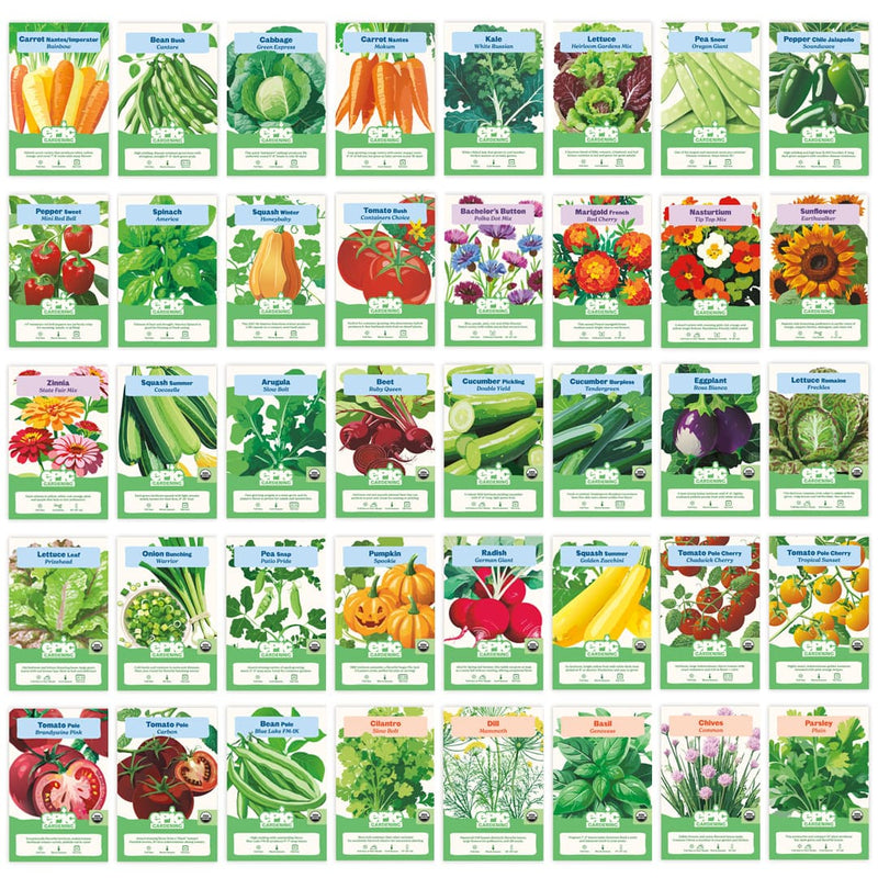 Grid array of 40 Epic Gardening seed packets for vegetables, flowers, and herbs.