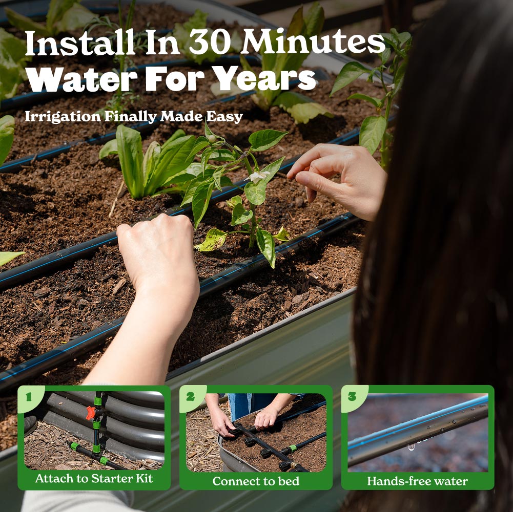 Person installing irrigation system in a garden with text 'Install In 30 Minutes Water For Years'.