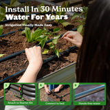 Person installing irrigation system in a garden with text 'Install In 30 Minutes Water For Years'.