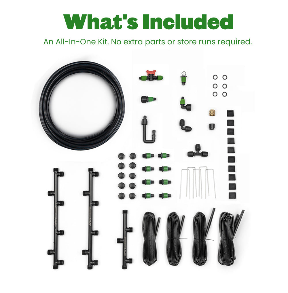 Drip irrigation kit with various components on a white background