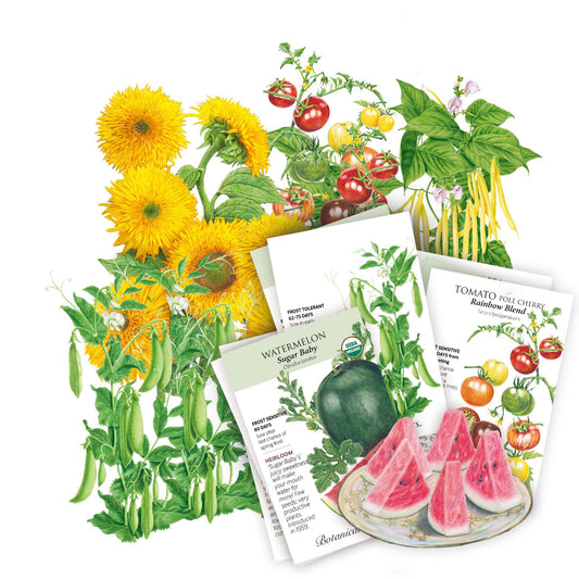 Fanned arrangement of illustrated seed packets for a garden starter bundle, including Sugar Baby watermelon, Rainbow Blend pole cherry tomato, sunflowers, peas and yellow beans, each packet showing botanical artwork with growing details like days to maturity and frost tolerance.