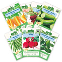 Seven Epic Gardening seed packets from the Pickling Garden Bundle arranged in a fan shape on a plain white background, including varieties for carrots, dill, beets, cucumbers, bush beans, radishes, and jalapeños.
