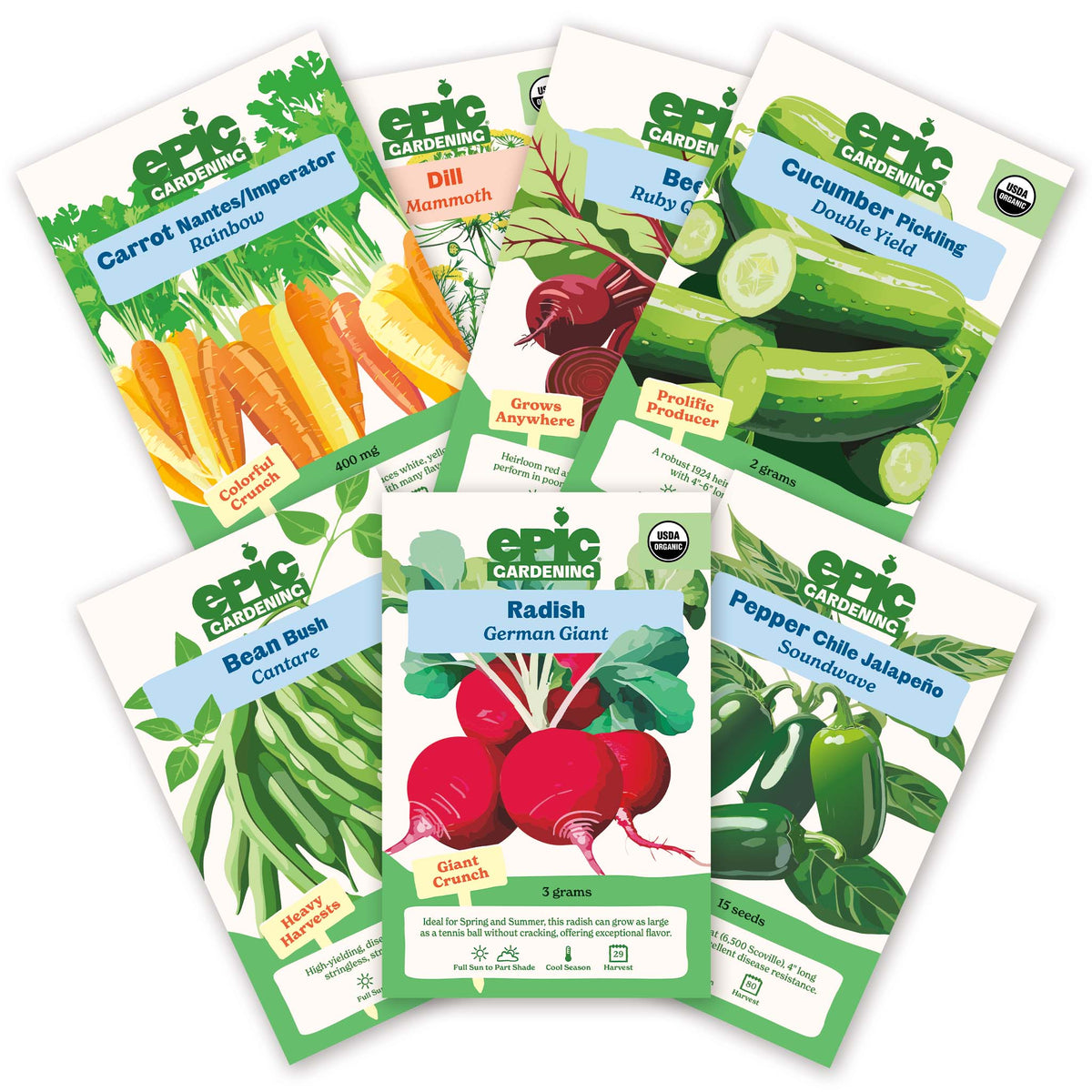 Seven Epic Gardening seed packets from the Pickling Garden Bundle arranged in a fan shape on a plain white background, including varieties for carrots, dill, beets, cucumbers, bush beans, radishes, and jalapeños.