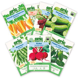 Seven Epic Gardening seed packets from the Pickling Garden Bundle arranged in a fan shape on a plain white background, including varieties for carrots, dill, beets, cucumbers, bush beans, radishes, and jalapeños.