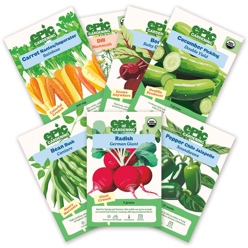 Seven Epic Gardening seed packets from the Pickling Garden Bundle arranged in a fan shape on a plain white background, including varieties for carrots, dill, beets, cucumbers, bush beans, radishes, and jalapeños.