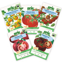 Five Epic Gardening tomato seed packets from the Tomato Lovers Bundle arranged in a fan shape on a plain white background, including Tropical Sunset, Containers Choice, Chadwick Cherry, Brandywine Pink, and Carbon.