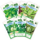 Six Epic Gardening seed packets from the Eat Your Greens Bundle arranged on a plain white background, including spinach, kale, prizehead leaf lettuce, green express cabbage, slow bolt arugula, and freckles romaine lettuce.