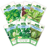 Six Epic Gardening seed packets from the Eat Your Greens Bundle arranged on a plain white background, including spinach, kale, prizehead leaf lettuce, green express cabbage, slow bolt arugula, and freckles romaine lettuce.