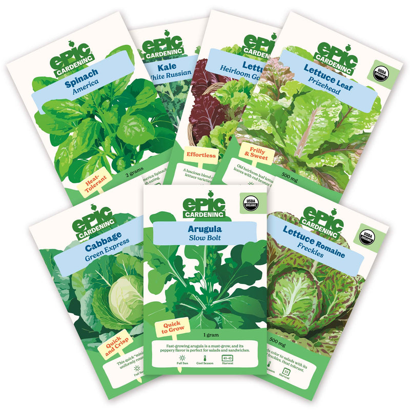 Six Epic Gardening seed packets from the Eat Your Greens Bundle arranged on a plain white background, including spinach, kale, prizehead leaf lettuce, green express cabbage, slow bolt arugula, and freckles romaine lettuce.