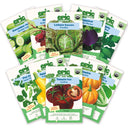 Ten Epic Gardening Organic Vegetable Garden Bundle seed packets arranged on a white background.