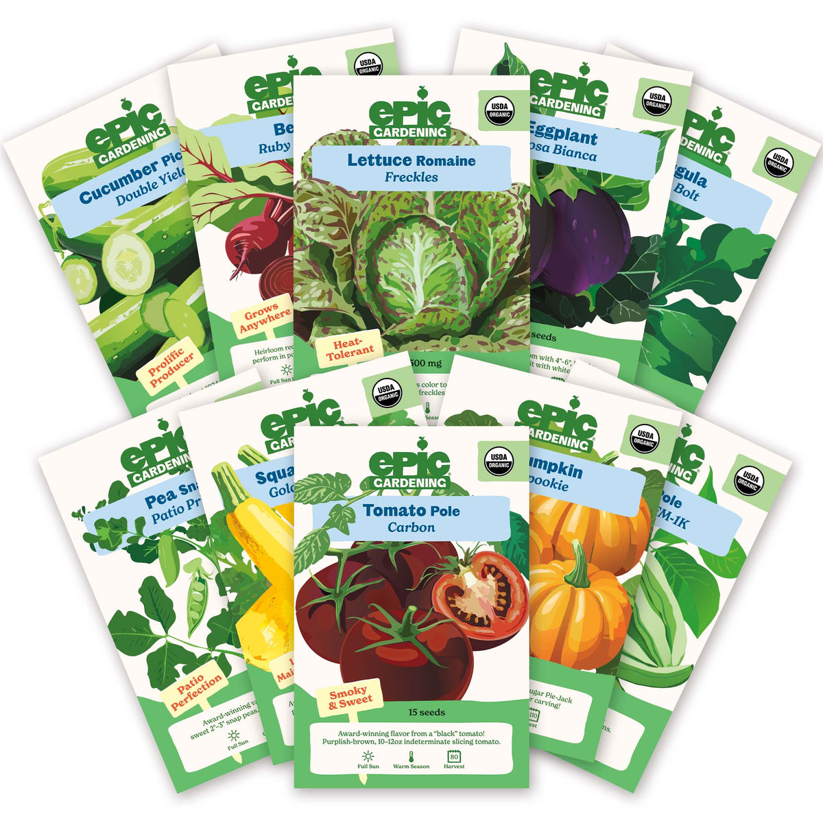 Ten Epic Gardening Organic Vegetable Garden Bundle seed packets arranged on a white background.