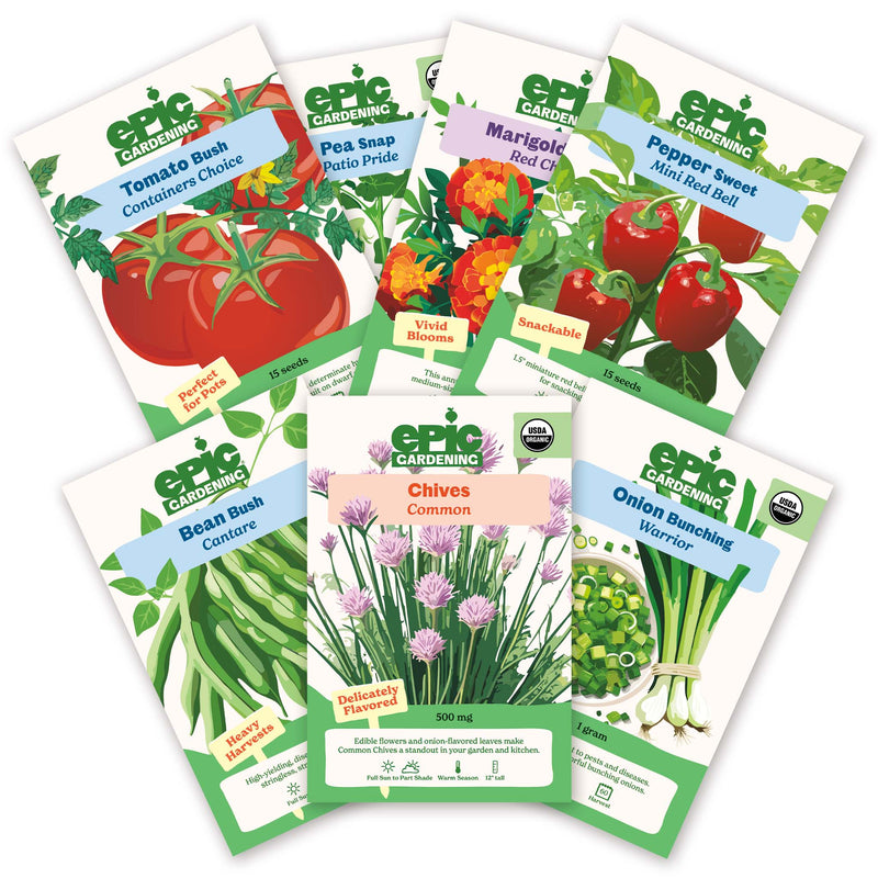 Seven Epic Gardening Beginner Patio Garden Bundle seed packets arranged on a white background.