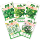 Five Epic Gardening organic herb seed packets arranged in a fan shape on a plain white background, including Genovese Basil, Slow Bolt Cilantro, Italian Giant Parsley, Mammoth Dill, and Common Chives.