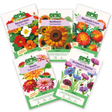 Five Epic Gardening Flower Bundle seed packets arranged on a white background.