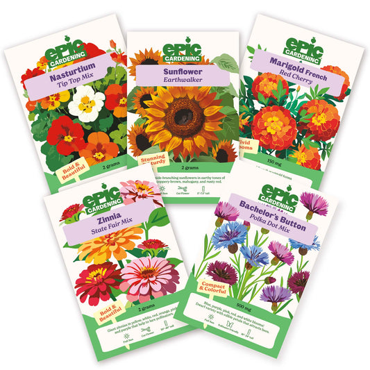 Five Epic Gardening Flower Bundle seed packets arranged on a white background.