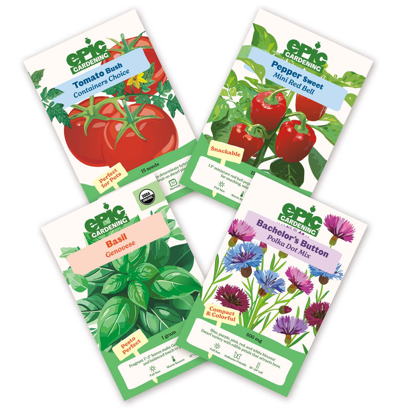 Four Epic Gardening seed packets from the Mini Garden Bundle arranged in a fan shape on a plain white background, including Containers Choice Red Bush Tomato, Mini Red Bell Sweet Pepper, Genovese Basil, and Polka Dot Mix Bachelor’s Button.