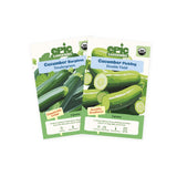 Two Epic Gardening seed packets from the Cucumber 2-Pack arranged side-by-side on a plain white background, featuring Tendergreen Burpless Cucumber and Double Yield Pickling Cucumber.
