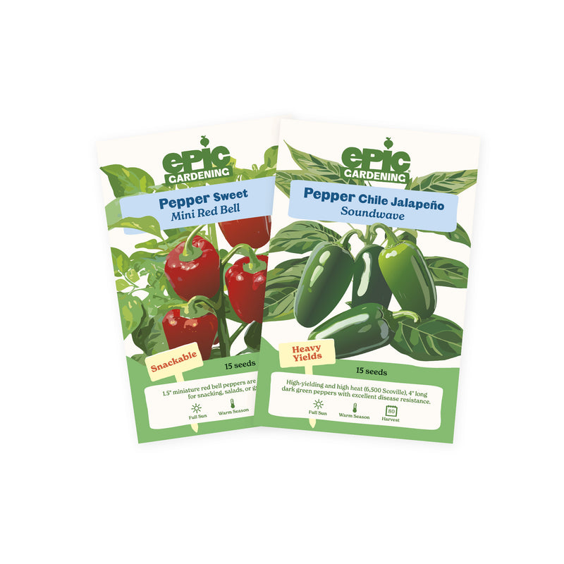 Two Epic Gardening seed packets from the Pepper 2-Pack arranged side-by-side on a plain white background, featuring Mini Red Bell sweet pepper and Soundwave jalapeño pepper.