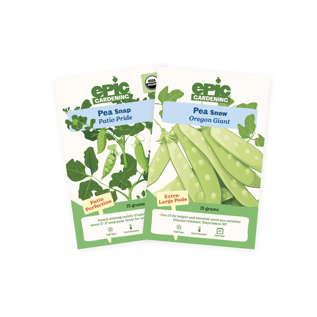 Two Epic Gardening seed packets from the Pea 2-Pack arranged side-by-side on a plain white background, featuring Patio Pride snap peas and Oregon Giant snow peas.
