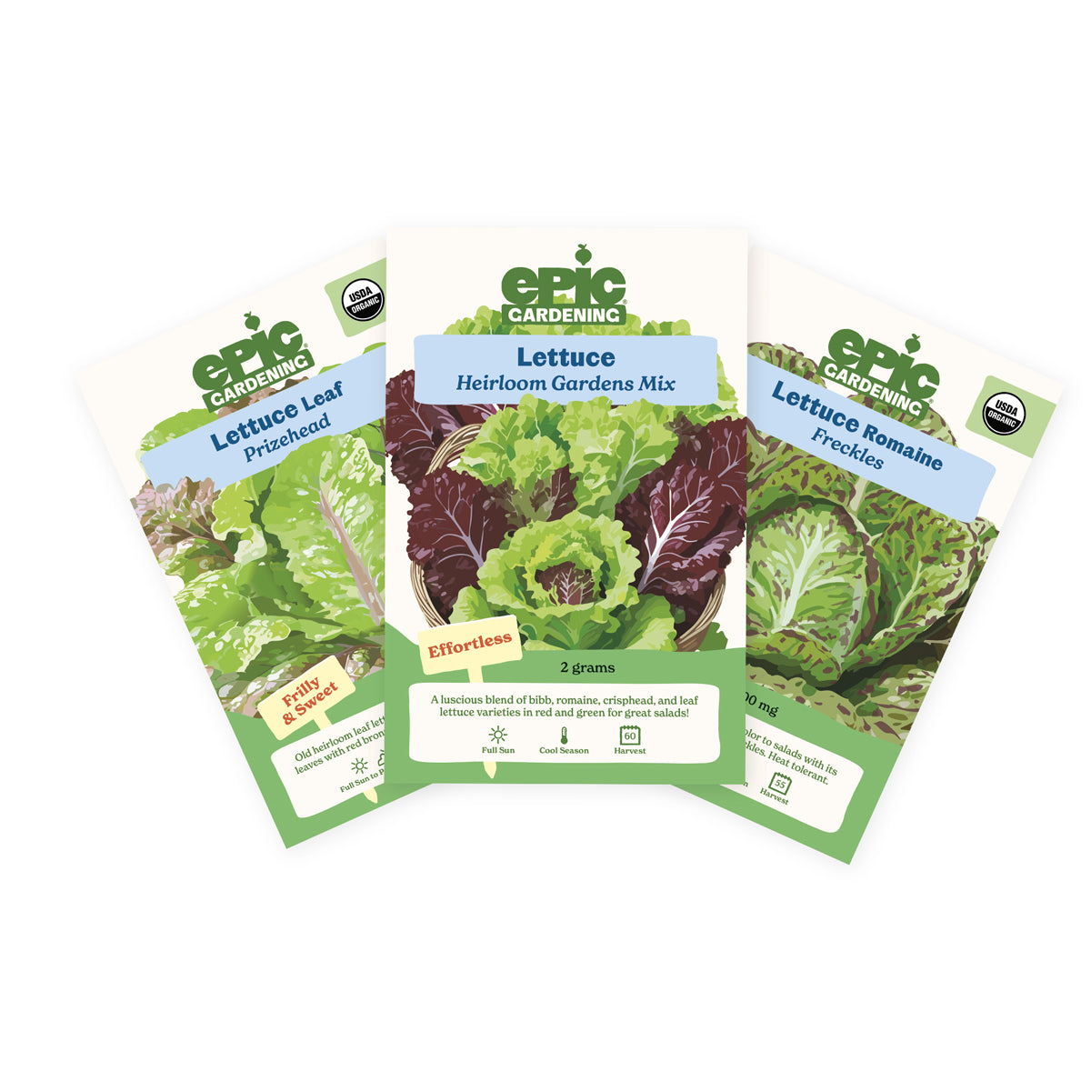 Three Epic Gardening seed packets from the Lettuce Bundle arranged in a fan shape on a plain white background, including Prizehead Leaf Lettuce, Heirloom Gardens Mix Lettuce, and Freckles Romaine Lettuce.