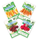 Four Epic Gardening seed packets from the Roots Bundle arranged on a plain white background, including Rainbow carrot, Mokum carrot, Ruby Queen beet, and German Giant radish.
