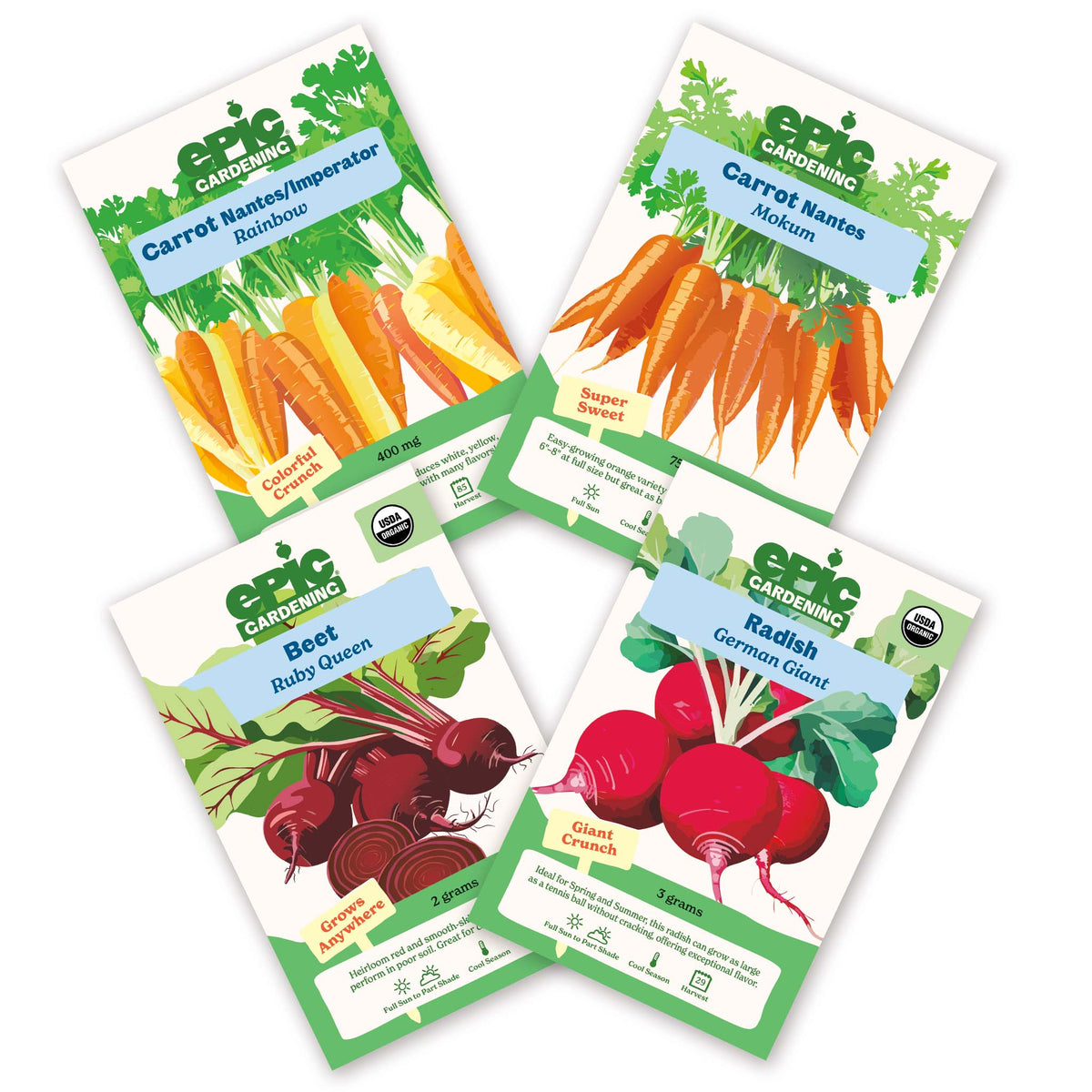 Four Epic Gardening seed packets from the Roots Bundle arranged on a plain white background, including Rainbow carrot, Mokum carrot, Ruby Queen beet, and German Giant radish.