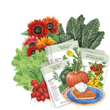 Fanned array of USDA organic heirloom seed packets—Black Beauty squash, Sugar Baby watermelon, and Pear Blend cherry tomato among them—layered over illustrated produce including sunflowers, kale, radishes, a pumpkin, and a slice of pie, with each packet printed with variety name and growing details.