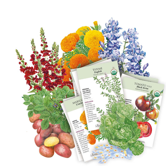 Collection of seed packets included in the Intermountain Seed Bundle with images of flowers, vegetables, and plants on a white background