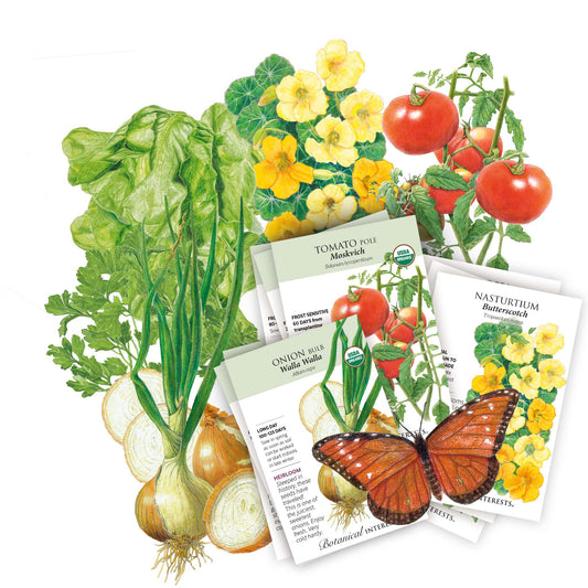 Illustration of garden produce and seed packets included in the Pacific Northwest Seed Bundle.