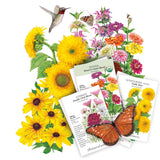 Collection of flower seeds packets included in the Pollinator’s Paradise Seed Bundle with illustrations of flowers and a hummingbird on a white background