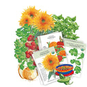Collection of seed packets included in the Southwest Seed Bundle with images of flowers, vegetables, and a bowl of salad on a white background.