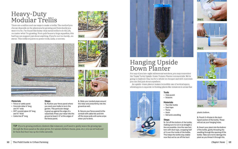 Two book pages on DIY garden structures: the left covers a heavy-duty modular trellis with photos of rebar and conduit pipes assembled into a raised-bed support, plus materials list and three numbered step photos; the right explains building an upside-down hanging planter from a two-liter bottle, duct tape, twine and a hook, with four numbered step photos showing the bottle cut, taped and threaded with a seedling.