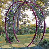 Purple circular metal Gracie Modern Arbor forming an arched gateway over a grassy path in a garden with trees and foliage