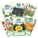 Six seed packet cards from Epic Gardening are arranged in a fan shape on a white background. The packets feature illustrations and photos of various garden plants including cauliflower, kale, thyme, marigold, squash, and pumpkin.