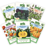 Six seed packet cards from Epic Gardening are arranged in a fan shape on a white background. The packets feature illustrations and photos of various garden plants including cauliflower, kale, thyme, marigold, squash, and pumpkin.