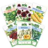 Six seed packets from Epic Gardening arranged in a fan shape on a white background. The packets feature colorful illustrations of various vegetables including parsley, sunflower, corn sweet, beet, squash, and kale.