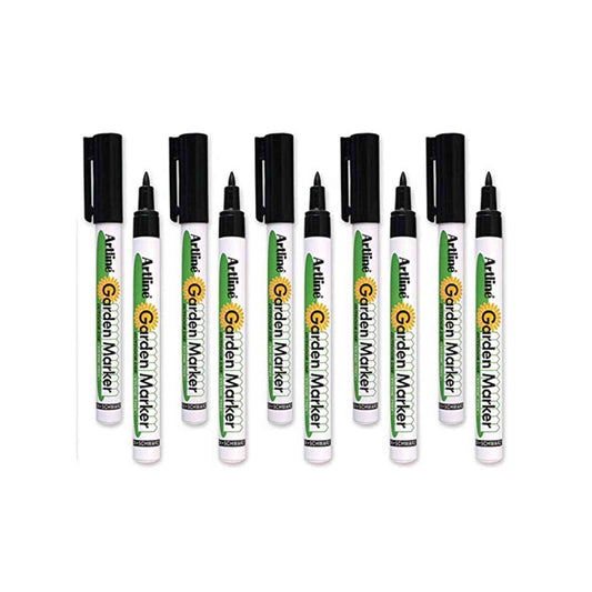 Five white Artline Garden Marker pens with black caps removed and fine black tips exposed, each labelled with a green sunflower logo, arranged upright side by side on a plain background.
