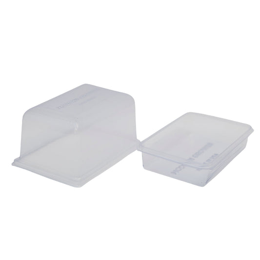 Clear plastic humidity dome and matching rectangular bottom tray for a 6-cell seed starting kit, shown separated side by side against a white background.