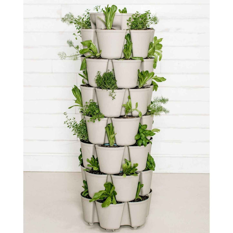 A stone-coloured GreenStalk vertical planter with multiple tiered pots arranged around a tall central column, each planted with leafy herbs and greens such as lettuce, thyme and basil, standing against a white wood-panelled wall.