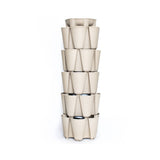 Empty stone-coloured GreenStalk five-tier vertical planter, a tall stacked tower with alternating outward-facing pockets on each level for growing multiple plants in a small footprint, shown against a plain white background.
