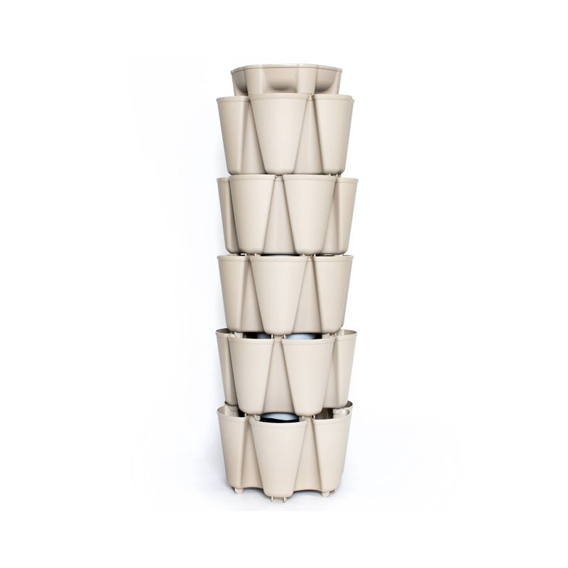 Empty stone-coloured GreenStalk five-tier vertical planter, a tall stacked tower with alternating outward-facing pockets on each level for growing multiple plants in a small footprint, shown against a plain white background.