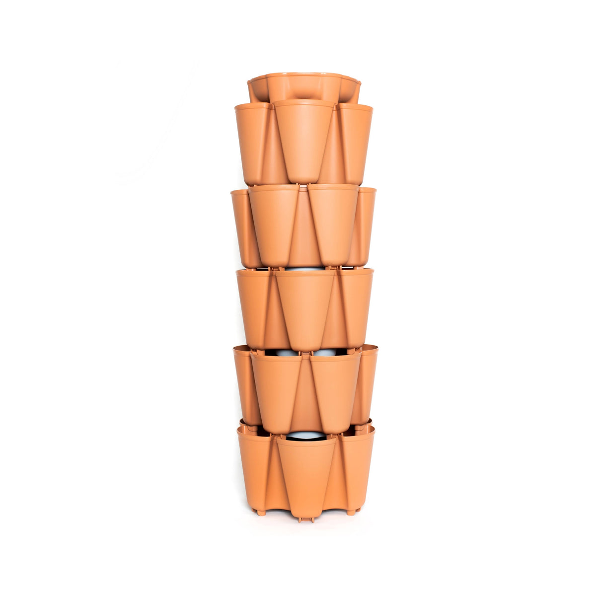 Terracotta-coloured GreenStalk 5-tier vertical planter, a tall stacked tower with staggered outward-facing pockets around each level for planting, shown empty against a plain white background.