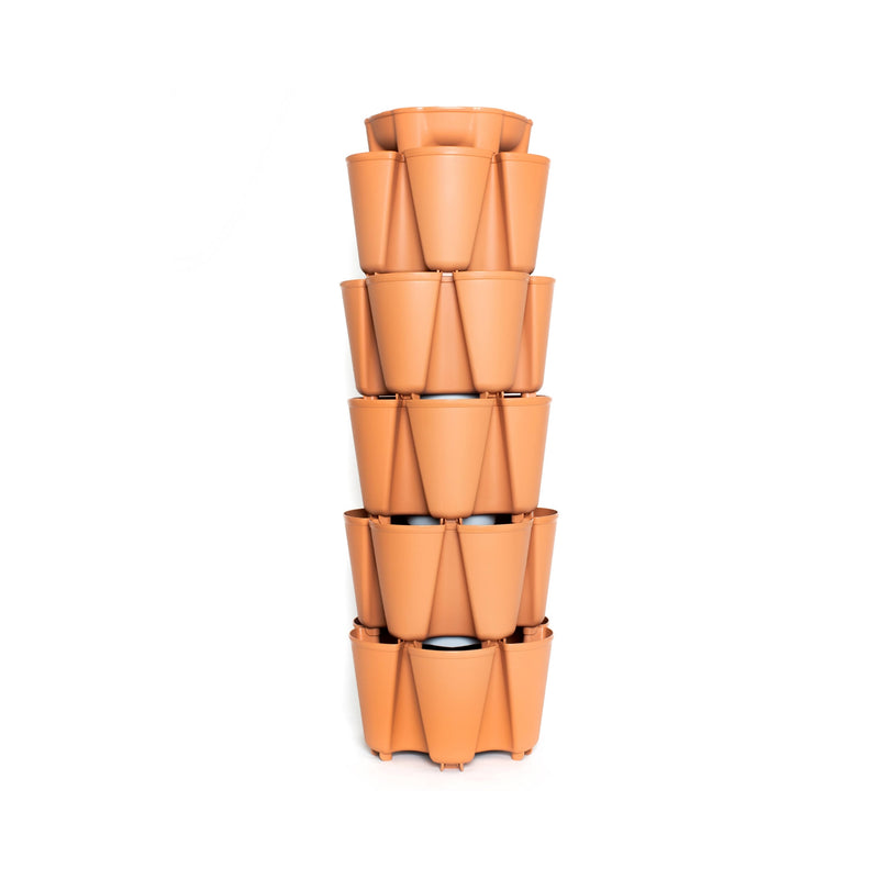Terracotta-coloured GreenStalk 5-tier vertical planter, a tall stacked tower with staggered outward-facing pockets around each level for planting, shown empty against a plain white background.
