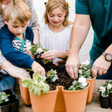 Two children and adults gather around a terracotta-coloured GreenStalk tiered planter, tucking white-flowered seedlings into the dark soil together on an outdoor table.