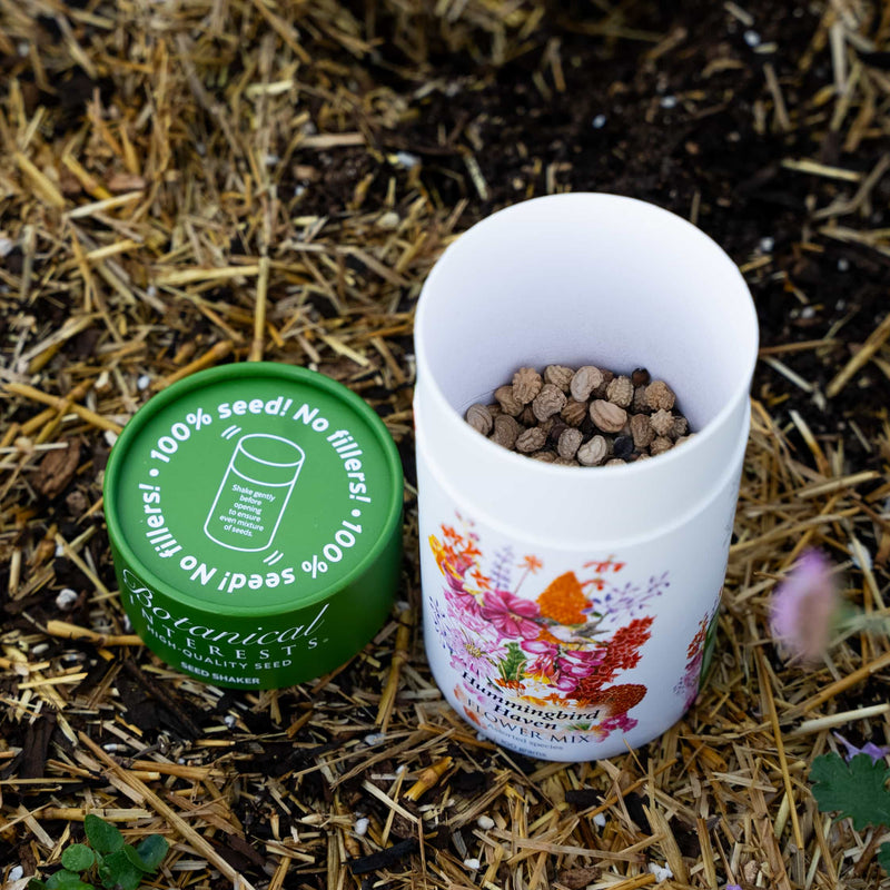 An open Botanical Interests Hummingbird Haven Flower Mix seed shaker container filled with seeds resting next to its green lid on a straw mulch background.