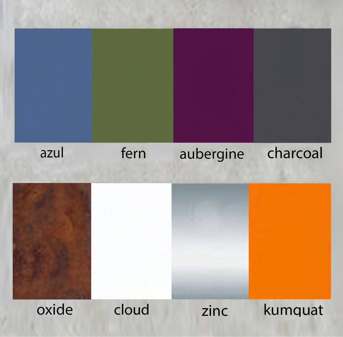 Color swatches labeled azul, fern, aubergine, charcoal, oxide, cloud, zinc, and kumquat, for Akoris Garden Obelisk Large.