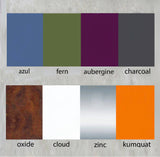 Color swatches labeled azul, fern, aubergine, charcoal, oxide, cloud, zinc, and kumquat, for Akoris Garden Obelisk Large.