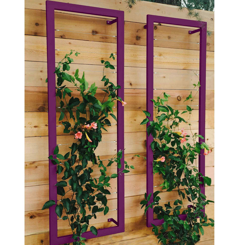 Two purple metal rectangular Ina Wall Trellises mounted on a light wood wall with flowering vines climbing through their wire grids