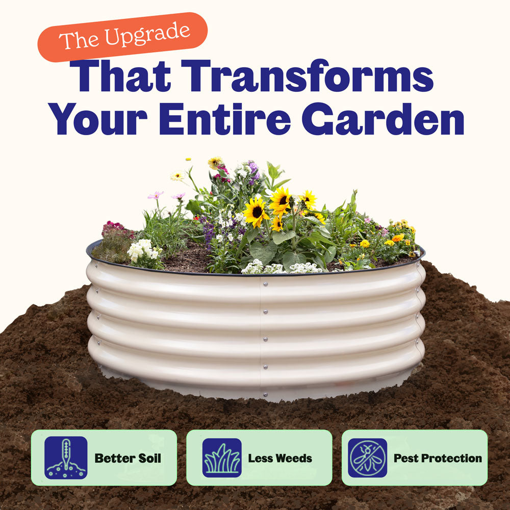 An elevated round raised garden bed filled with sunflowers and other green plants, shown sitting on top of a pile of soil against a light background. Large text at the top reads 'The Upgrade That Transforms Your Entire Garden,' and three benefit boxes at the bottom say 'Better Soil,' 'Less Weeds,' and 'Pest Protection.